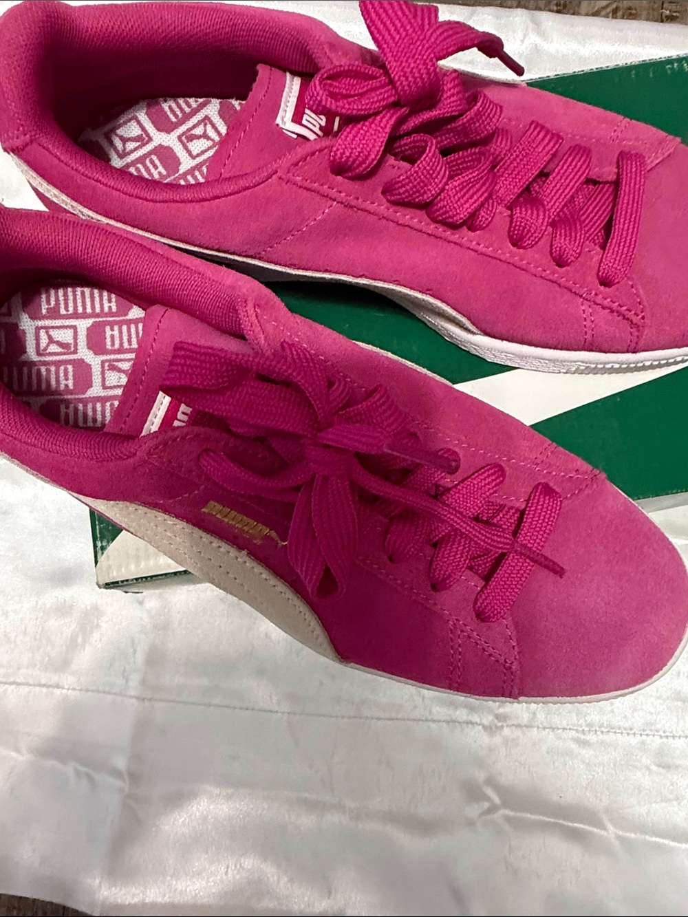 Puma Women's Suede Sneakers in Bright Pink with Cream Formstrip